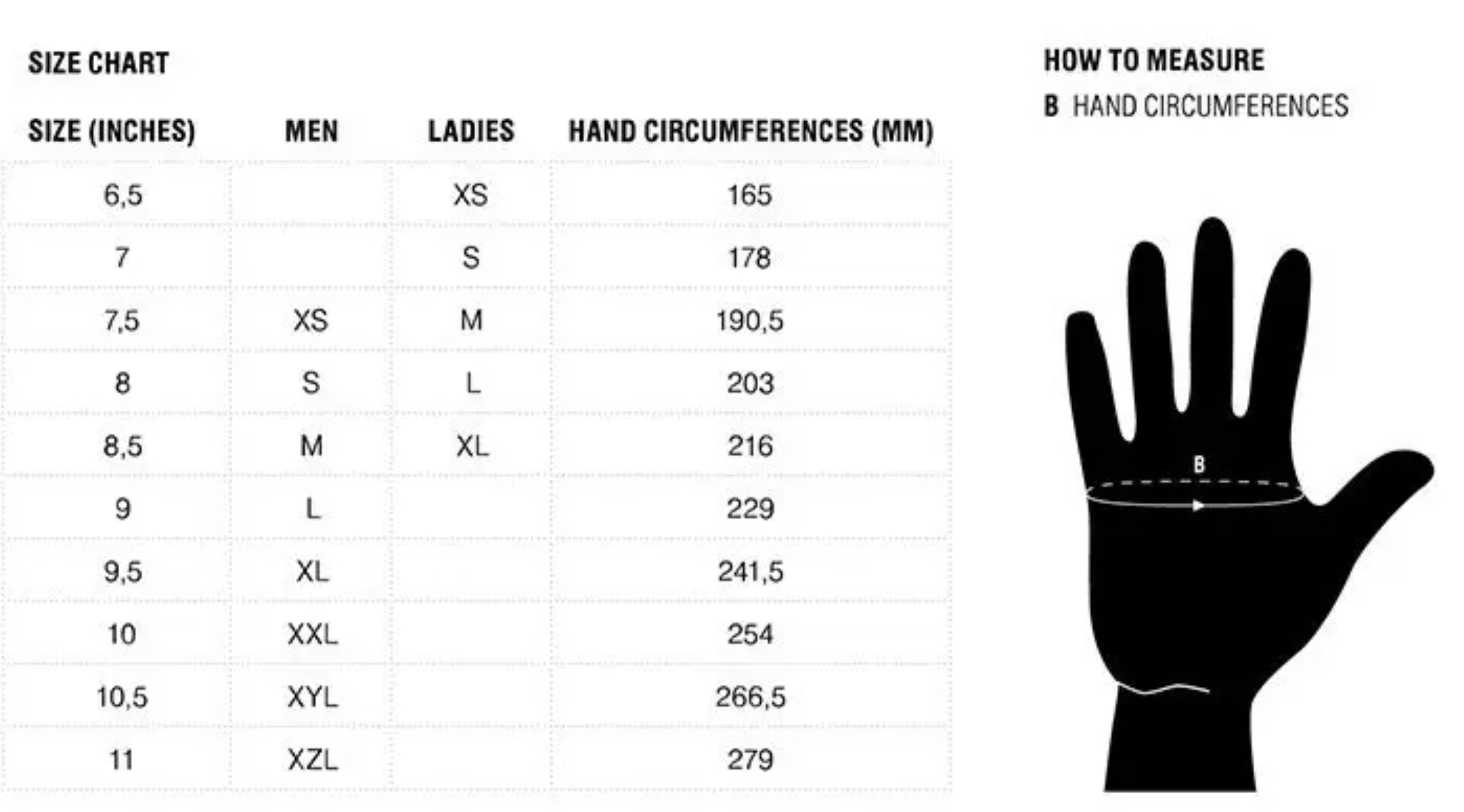 Таблица размеров - Мотоперчатки кожаные Revit Xena 3 Ladies Black-Grey