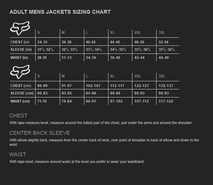 Таблица размеров - Куртка Fox Injected Jacket Black-Grey M