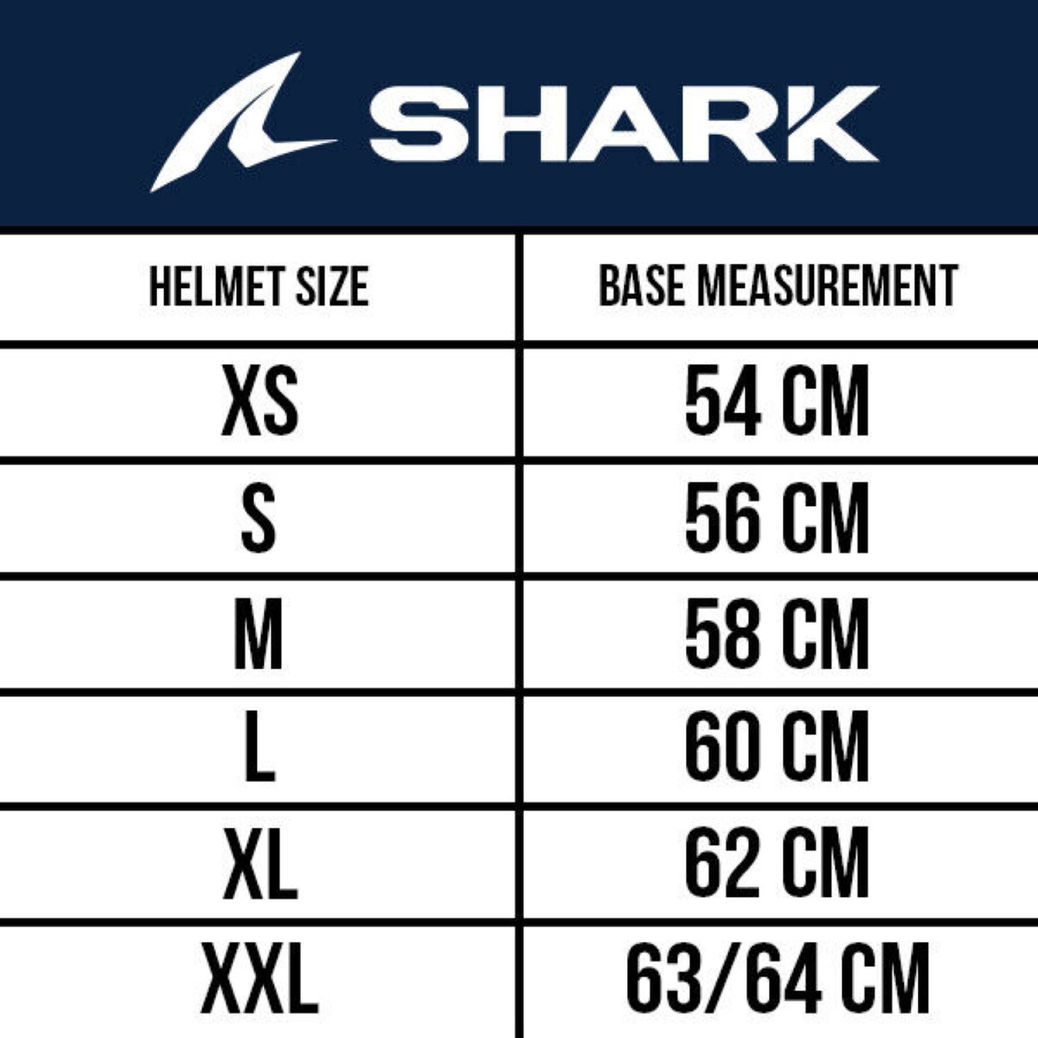 Таблица размеров - Мотошлем Shark Skwal 2 Matt Black (White Led)