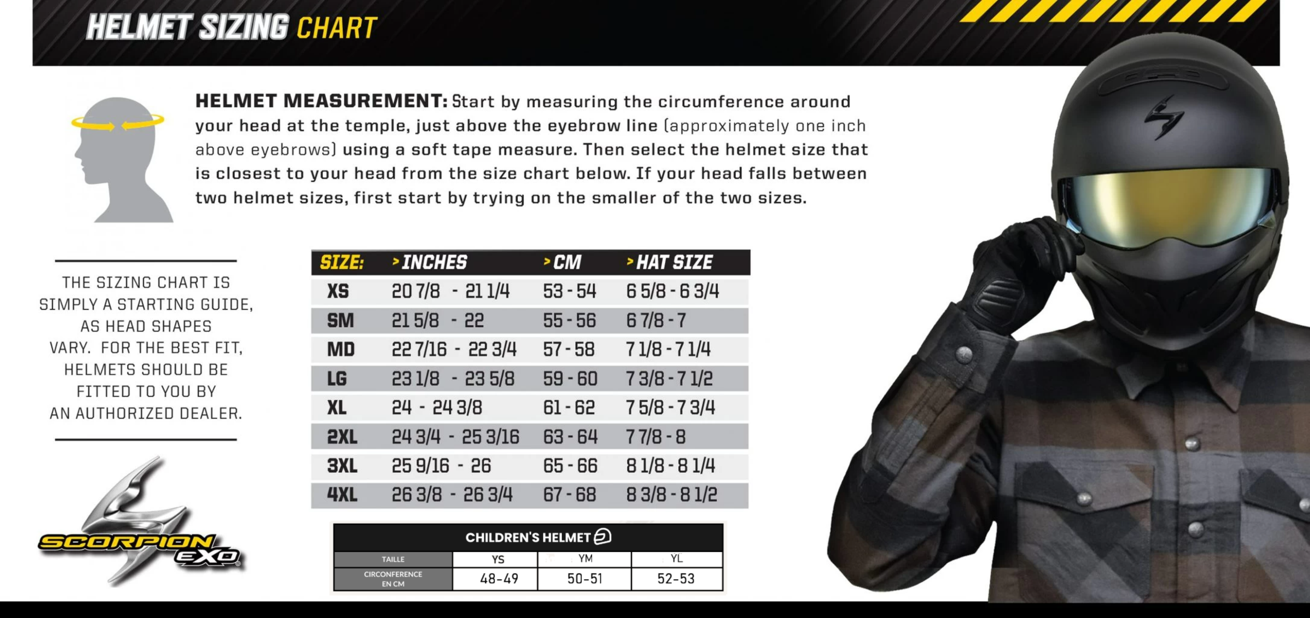Таблица размеров - Мотошлем Scorpion Exo-491 Code Matt Black-Silver