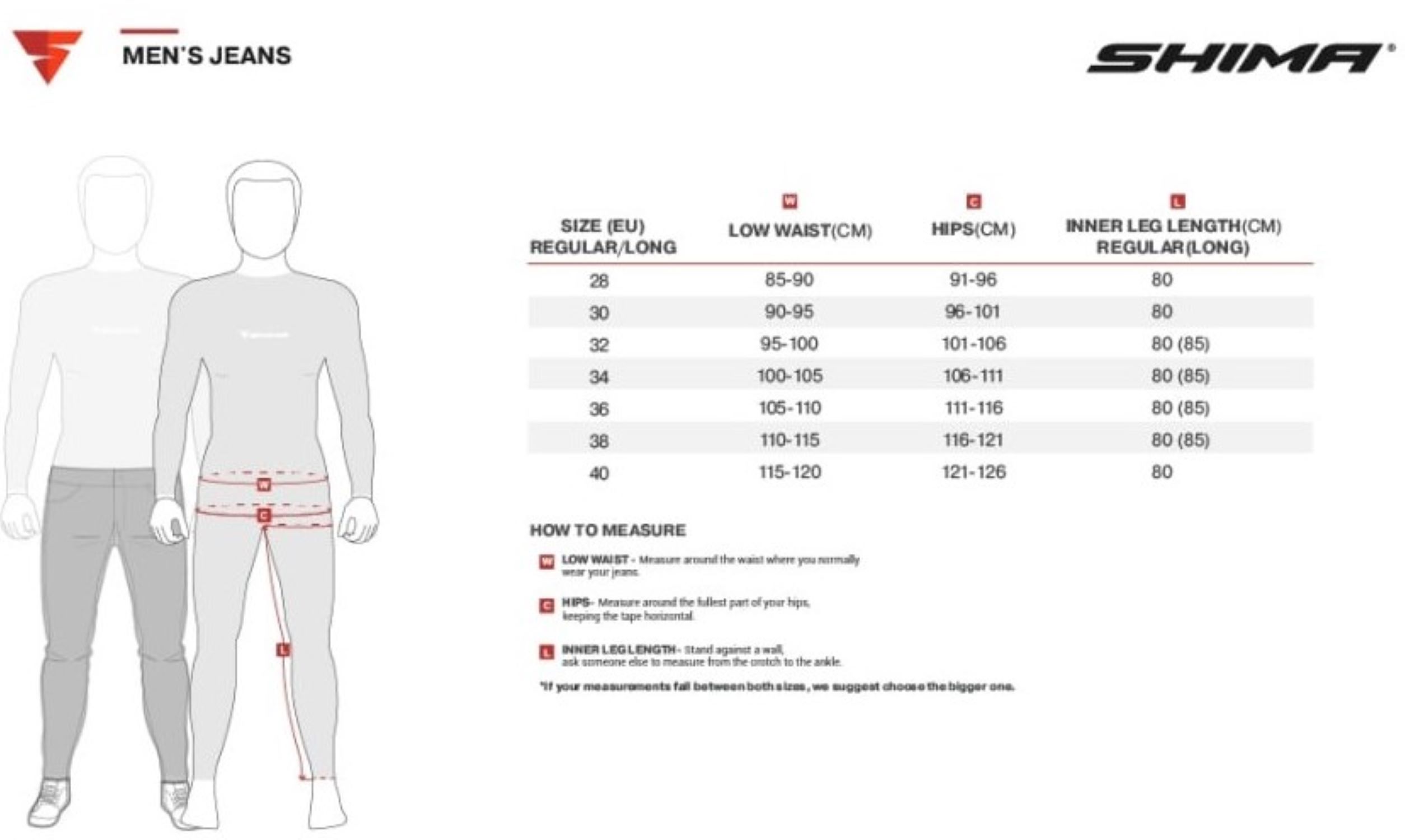 Таблица размеров - Мотоджинсы Shima Giro 2.0 Urban Black