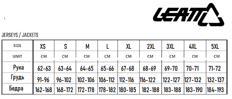 Таблиця розмірів - Жилет Leatt Vest RaceVest Black