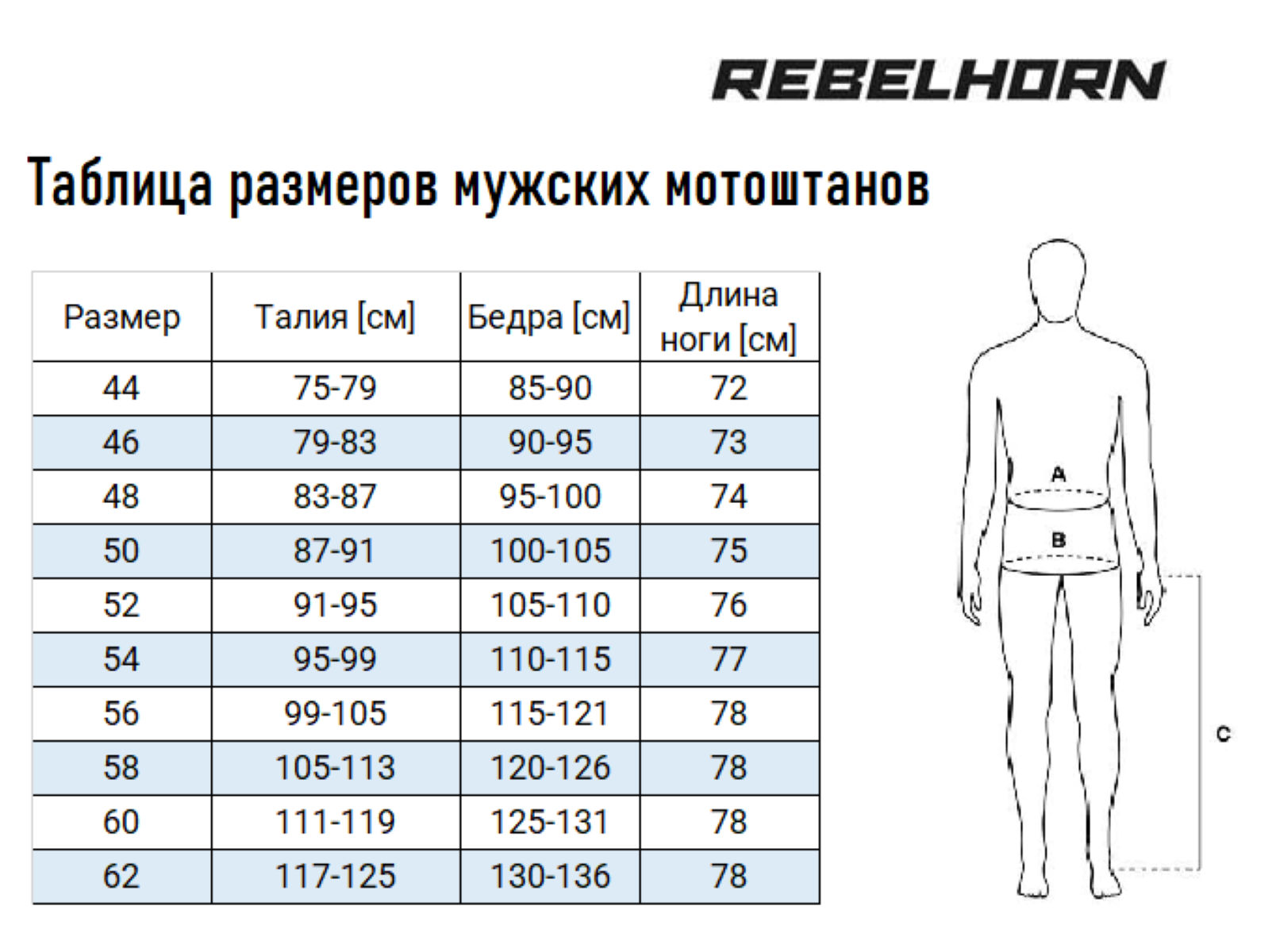 Таблица размеров - Мотоштаны Rebelhorn Cubby IV Black