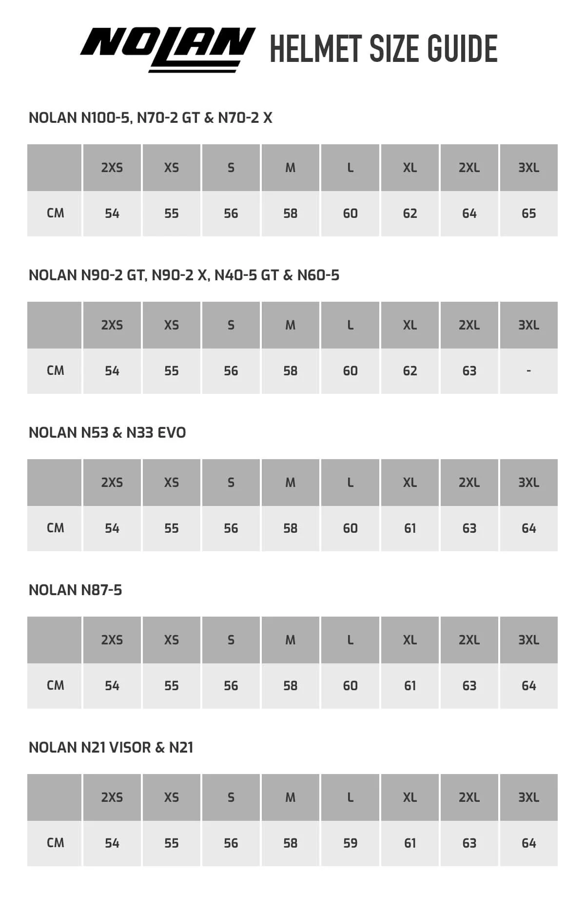 Таблица размеров - Мотошлем Nolan N90-3 Classic N-Com 5 White