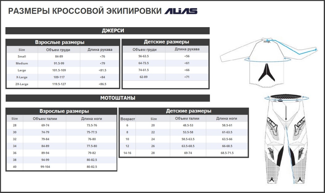 Таблица размеров - Кроссовые штаны Alias A1 Navy-Cyan 34