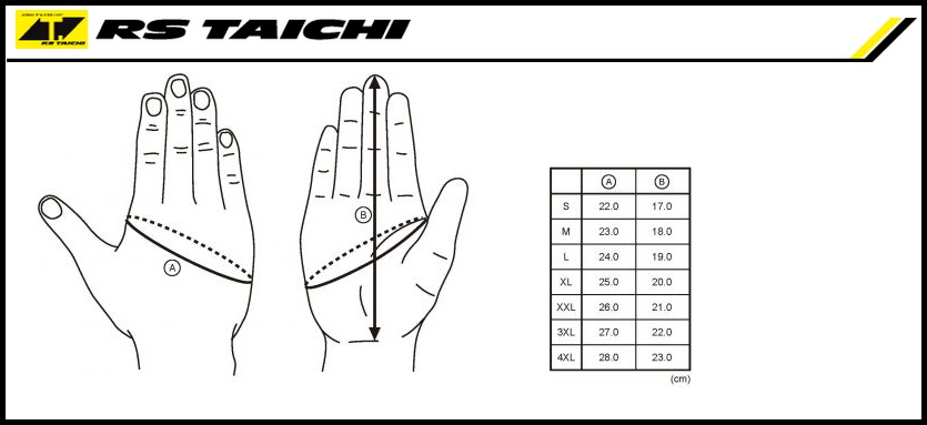 Таблица размеров - Мотоперчатки кожаные RS-Taichi Velocity Mesh Black-Red L