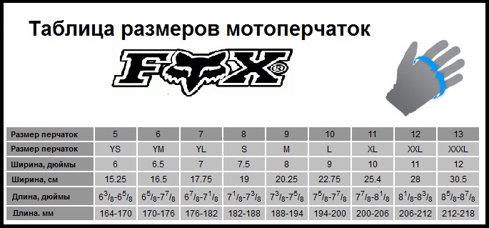 Таблица размеров - Мотоперчатки Fox Youth Dirtpaw Flo Orange YS