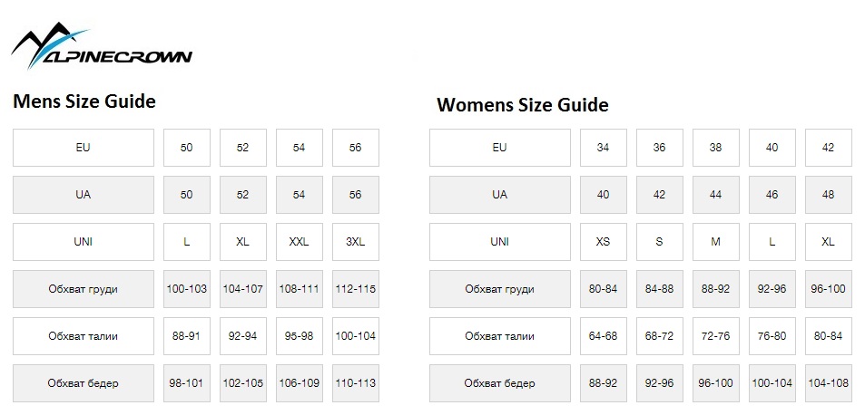 Таблиця розмірів - Куртка гірськолижна жіноча Alpine Crown ACSJ-32583 Rainbow 42