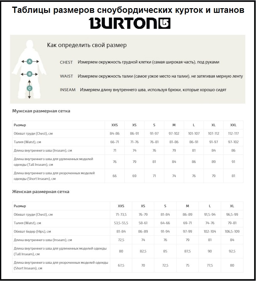 Таблица размеров - Куртка Burton Hybrid Insulator True Black M (2017)